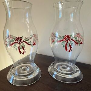 Christmas Hurricane Shade Set Poinsettia & Ribbons Vintage Originals. 2 piece